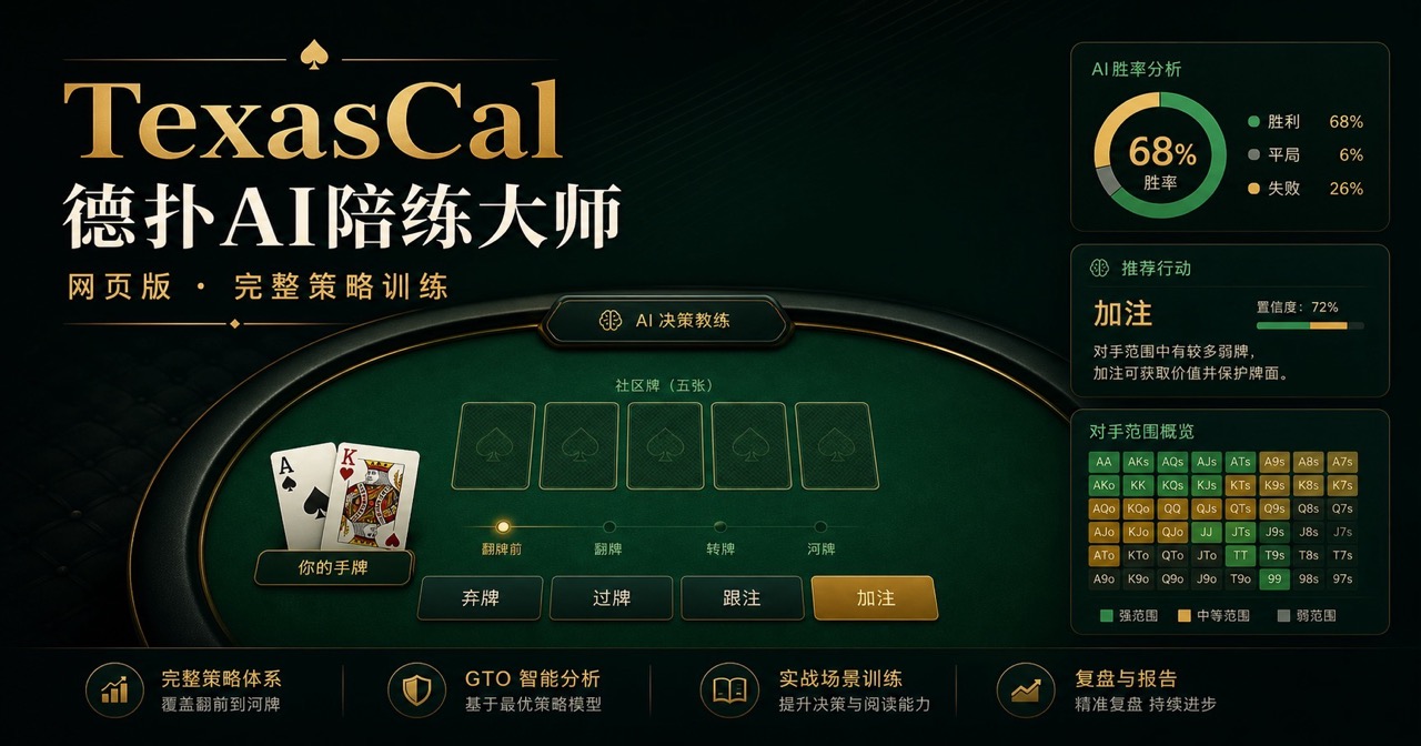 TexasCal 横屏游戏界面,展示 AI 胜率、推荐行动与对手范围